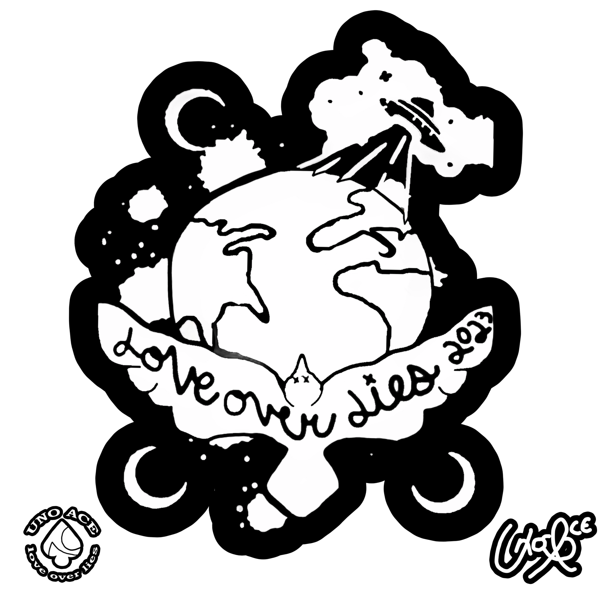 Black and white graphic design with text 'Love Over Lies' and celestial elements on a white background.